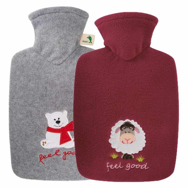 Hugo Frosch Classic hot water bottle 1.8 L, fleece cover "feel good", gray or red
