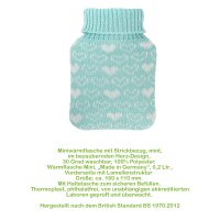 Hugo Frosch mini hot water bottle 0.2 L, knitted cover, various. Heart covers