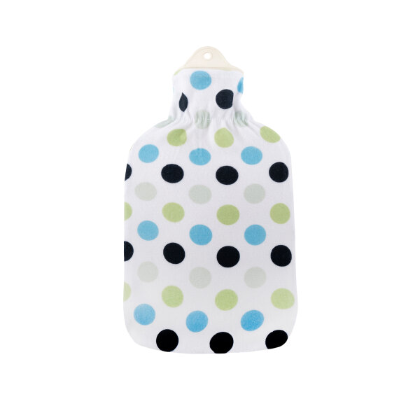 SÃ¤nger 2.0 Liter Hot Water Bottle with Fleece Cover, blue/green "Dots"