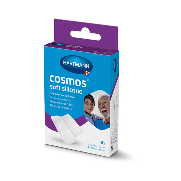 Hartmann CosmosÂ® soft silicone plaster strips in 2 different sizes, in a folding box